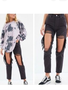 PacSun Black Ripped Button Fly Distressed Ultra High Rise Slim Jeans Size 26